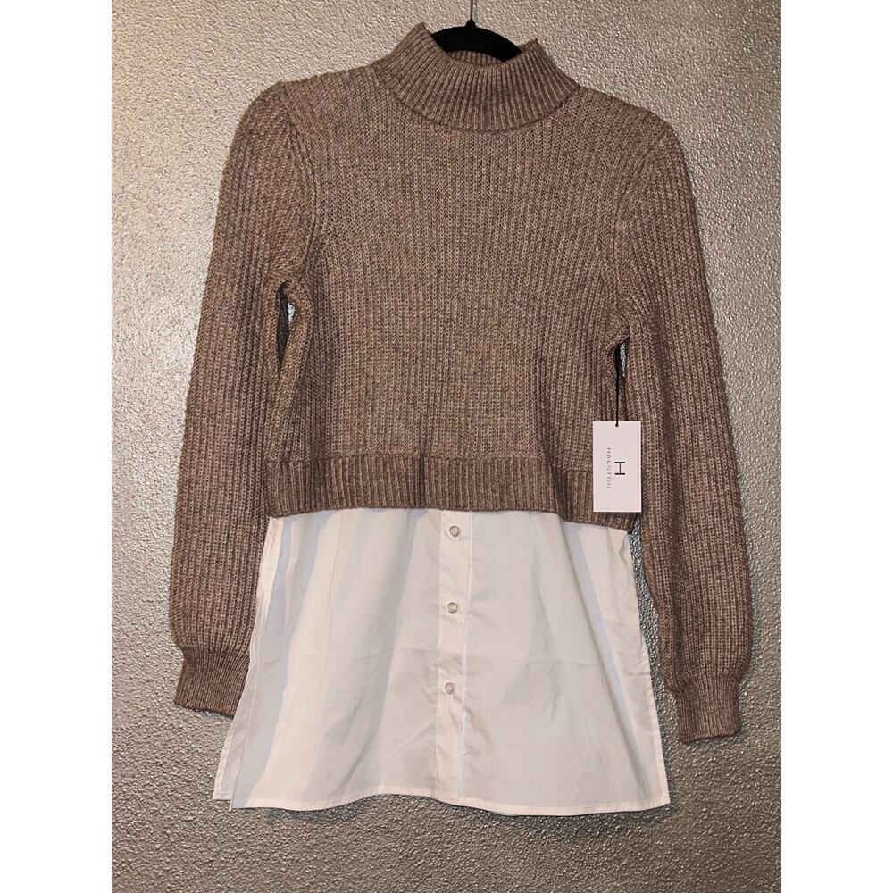 H Halston Baddie Lageblook Tan & White  Layered  Crop Sweater  Faux Under Shirt